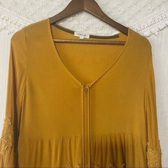 Taylor & Sage Womens Small Mustard Bell Sleeve Tie V-Neck Boho Peasant Blouse - Picture 6 of 10